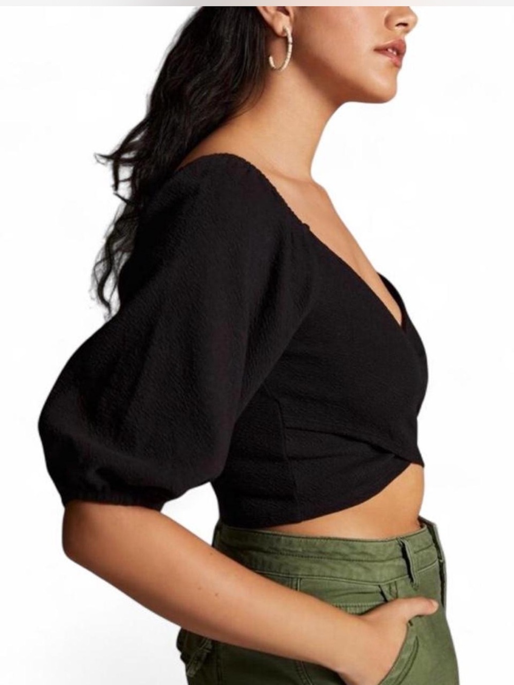 Maeve Anthropologie Black Textured Puff Sleeve Wrap Crop Top S